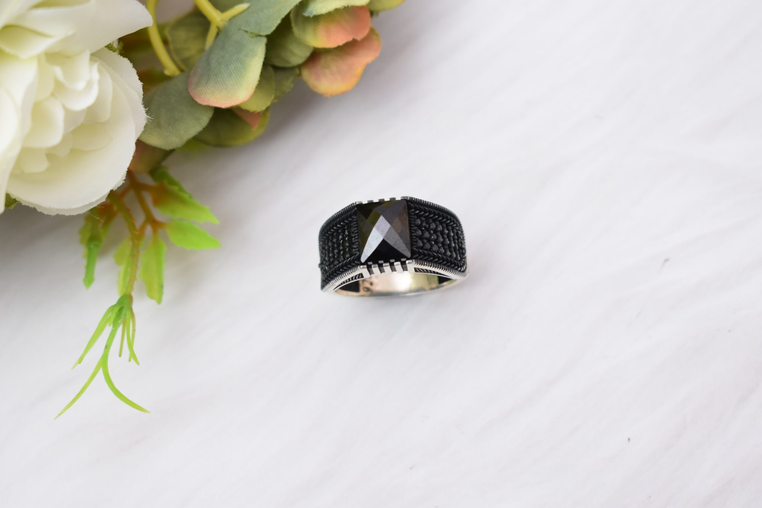 Super fine black turkish stone silver men's ring - Chaitanya Emporium