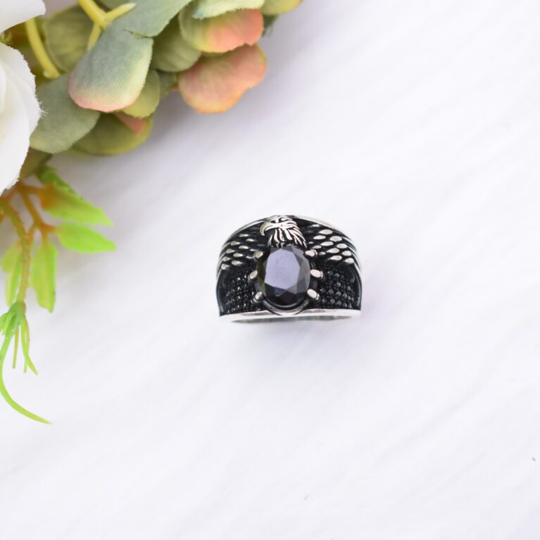 Superfine Eagle Design Black Stone Silver Male Ring - chaitanya emporium