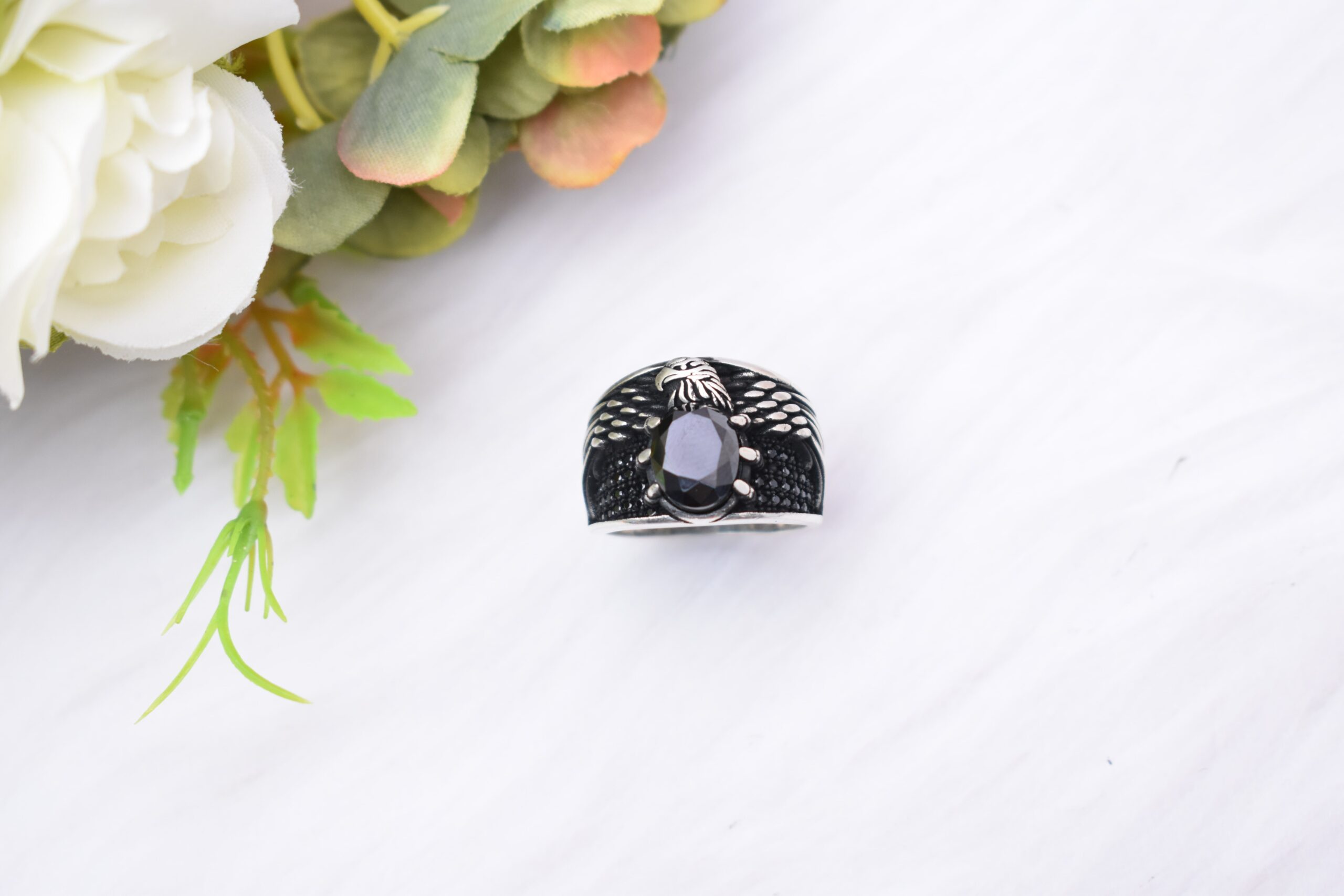 Superfine Eagle Design Black Stone Silver Male Ring - chaitanya emporium