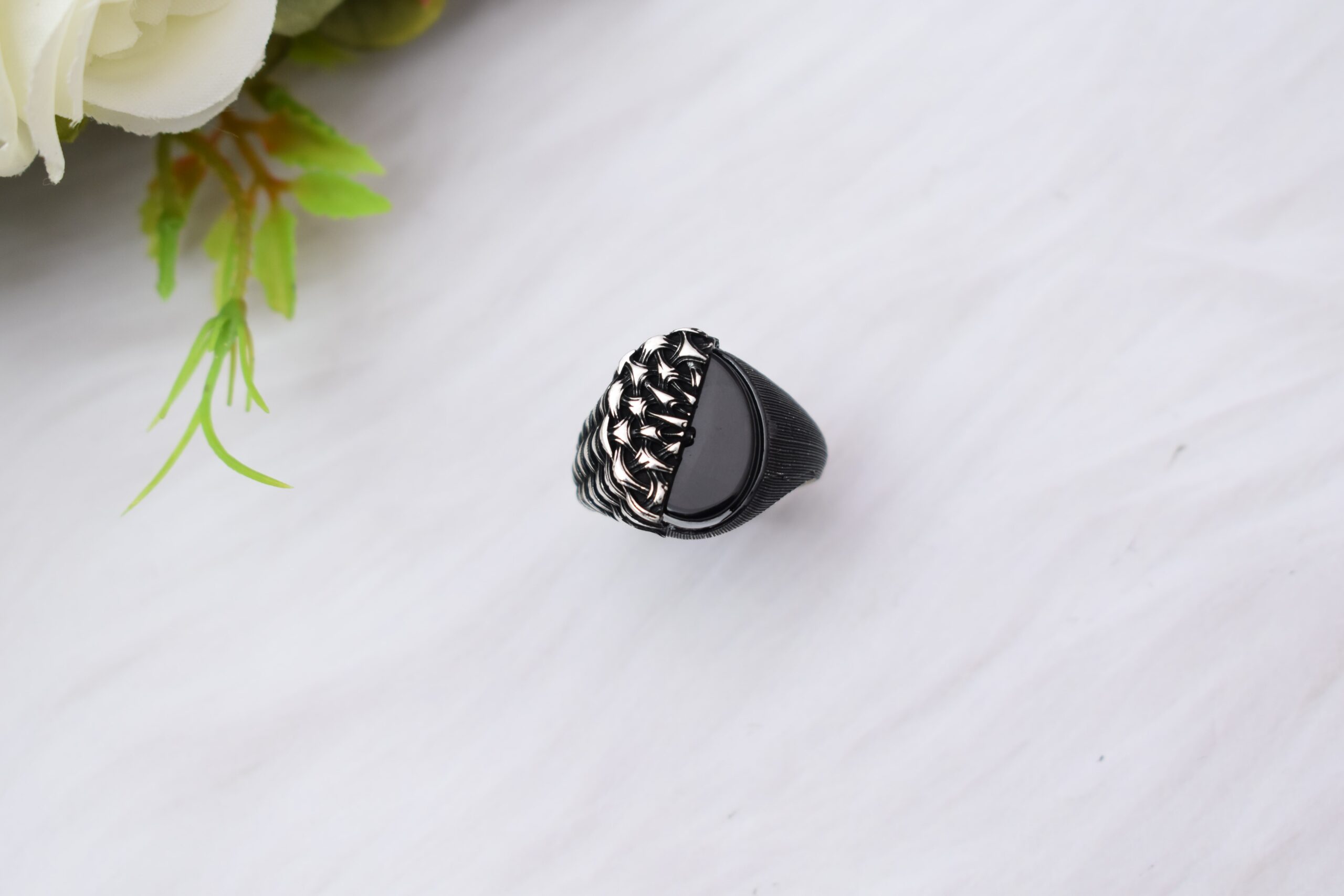 Superfine black stone silver ring for men- chaitanya emporium