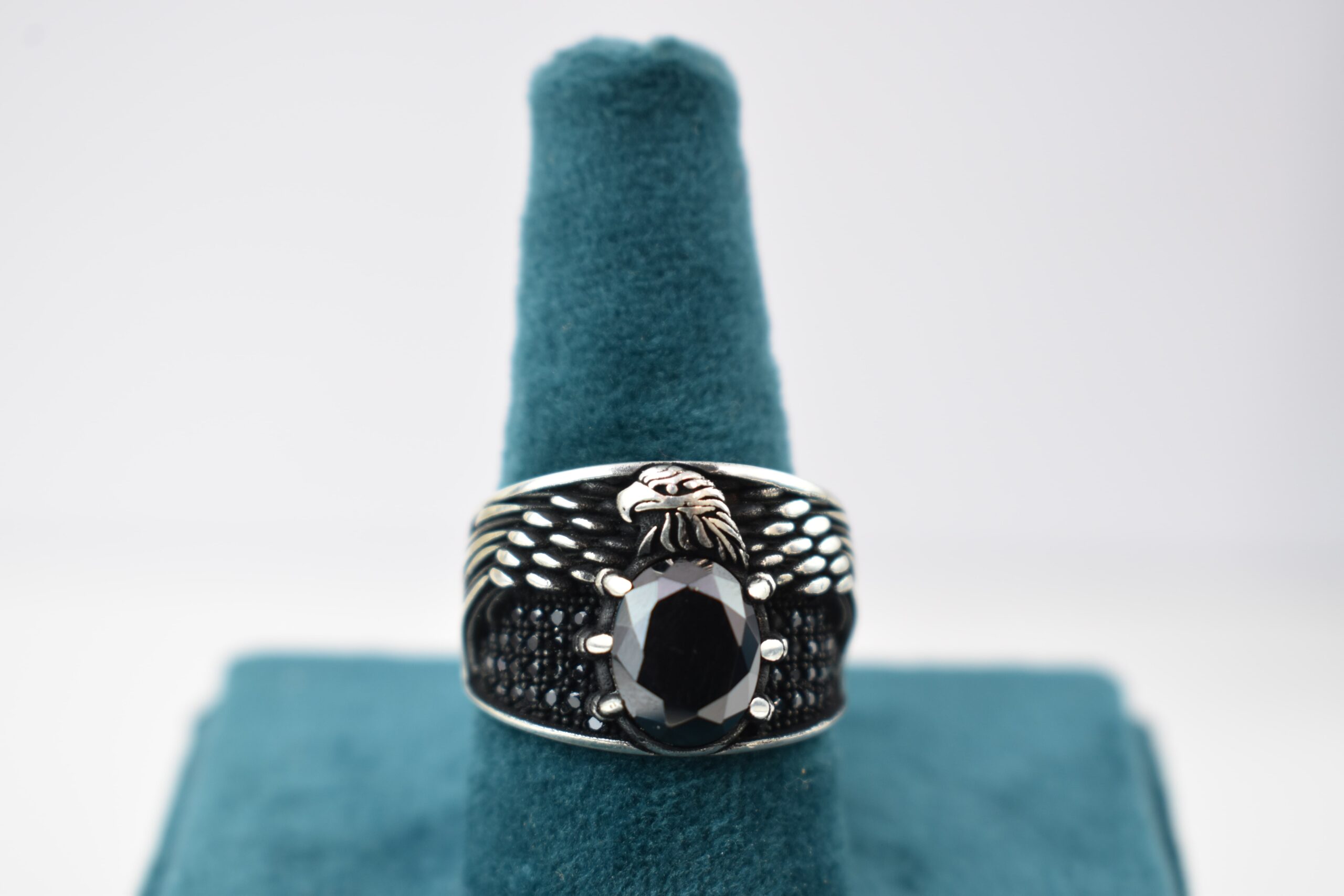 Superfine Eagle Design Black Stone Silver Male Ring - chaitanya emporium