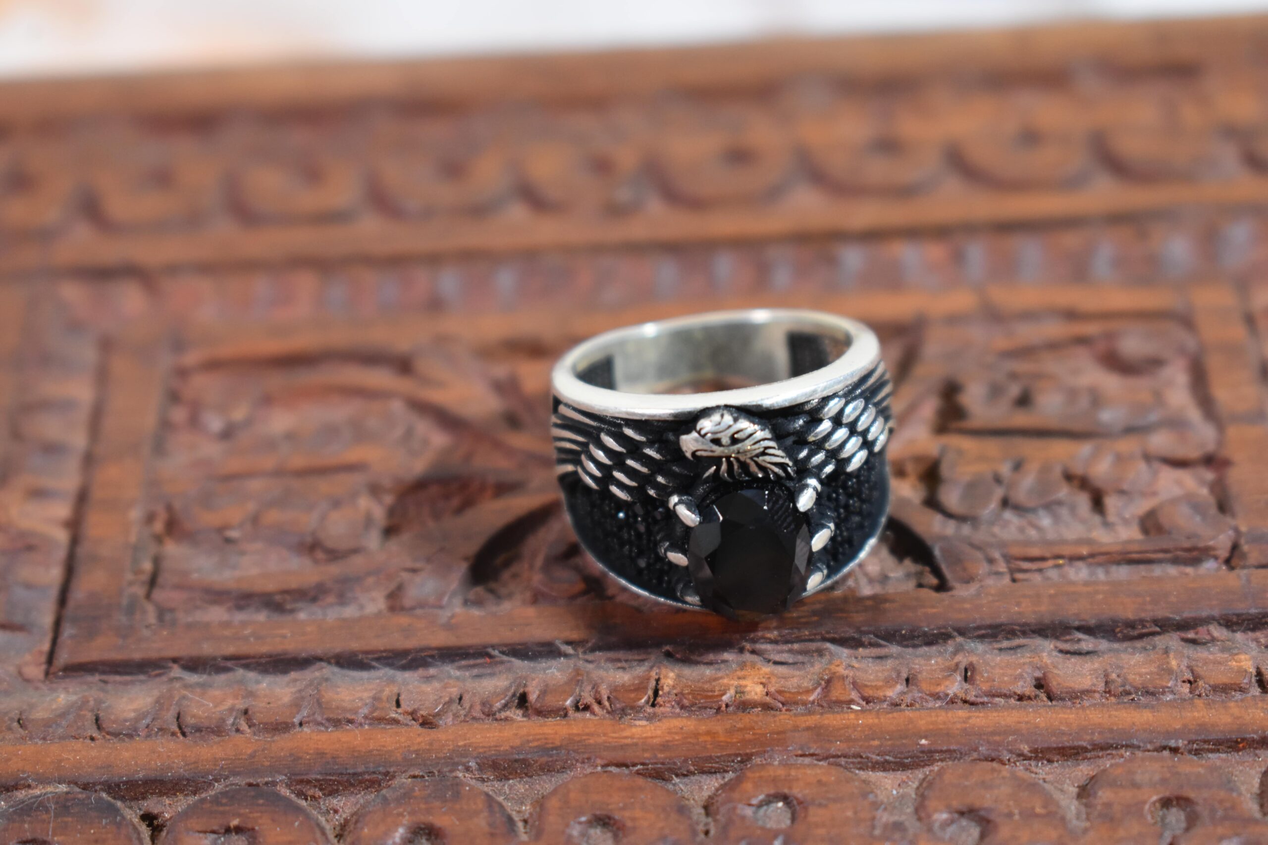 Superfine Eagle Design Black Stone Silver Male Ring - chaitanya emporium