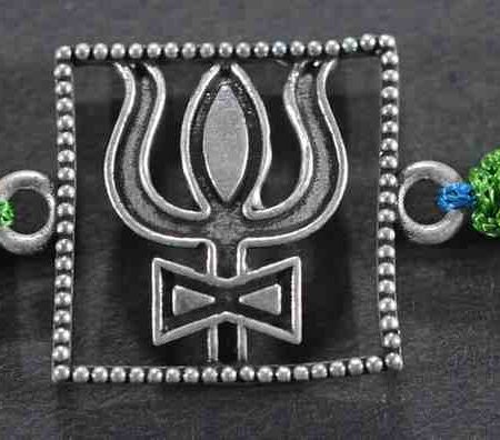 Lord Shiva Trisul design silver rakhi made from 925 sterling silver, perfect for Raksha Bandhan.