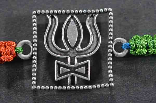 Lord Shiva Trisul design silver rakhi made from 925 sterling silver, perfect for Raksha Bandhan.