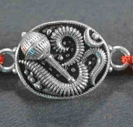 Divine Om and Lord Hanuman Gada design silver rakhi made from 925 sterling silver, perfect for Raksha Bandhan.